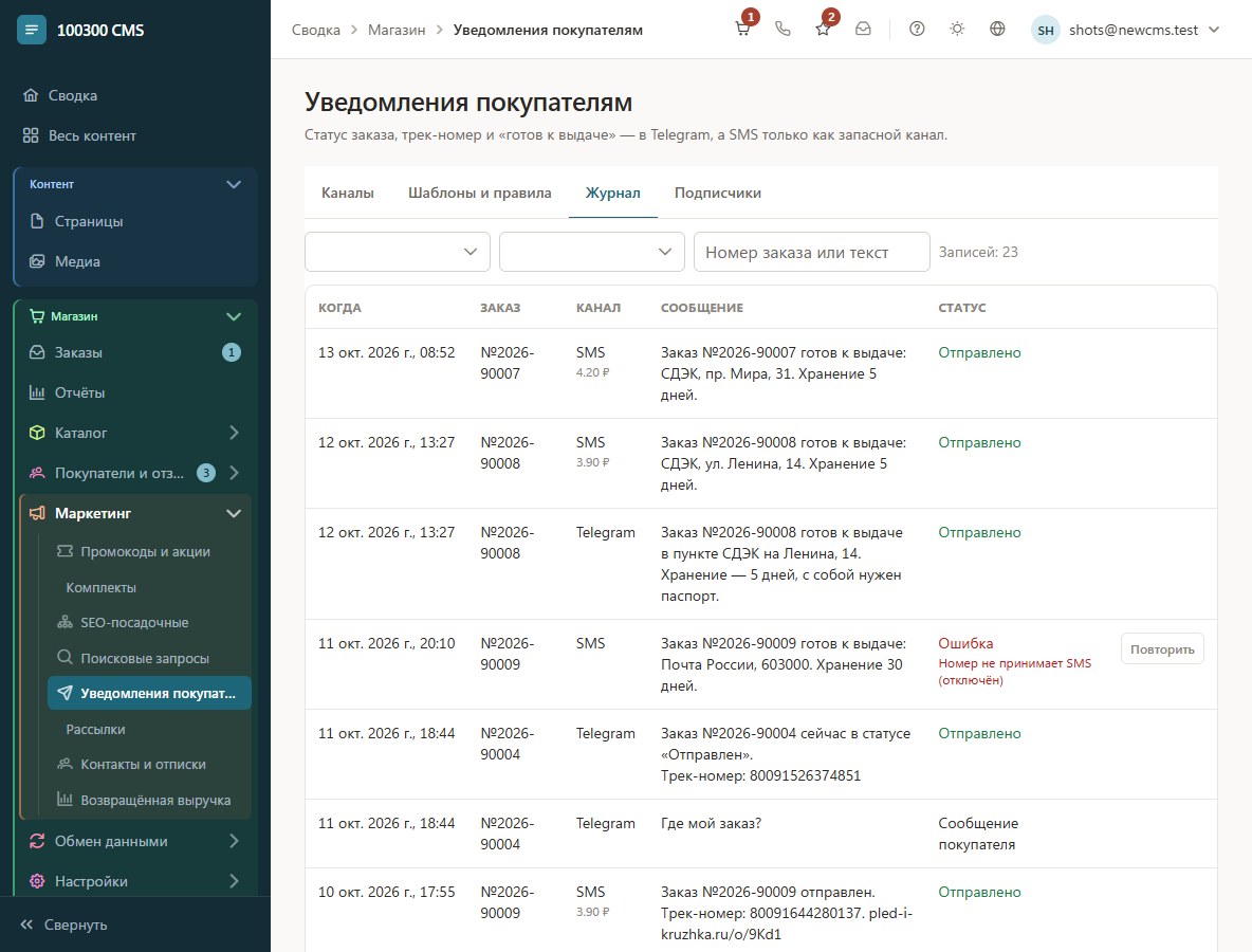 Уведомления покупателям: Telegram и SMS